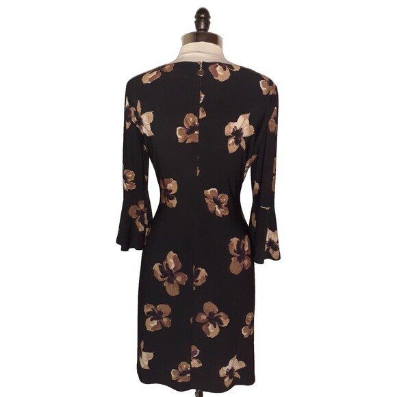 TOMMY HILFIGER Size 10 A-Line Dress Black Brown Floral 3/4 Sleeve Stretch Knit - Picture 5 of 7